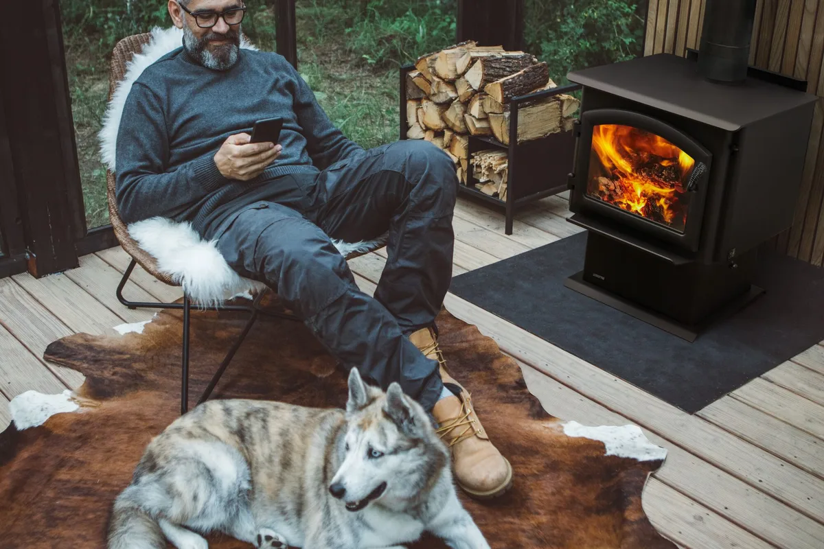 Wood stove warming a Tahoe cabin living room on a winter day