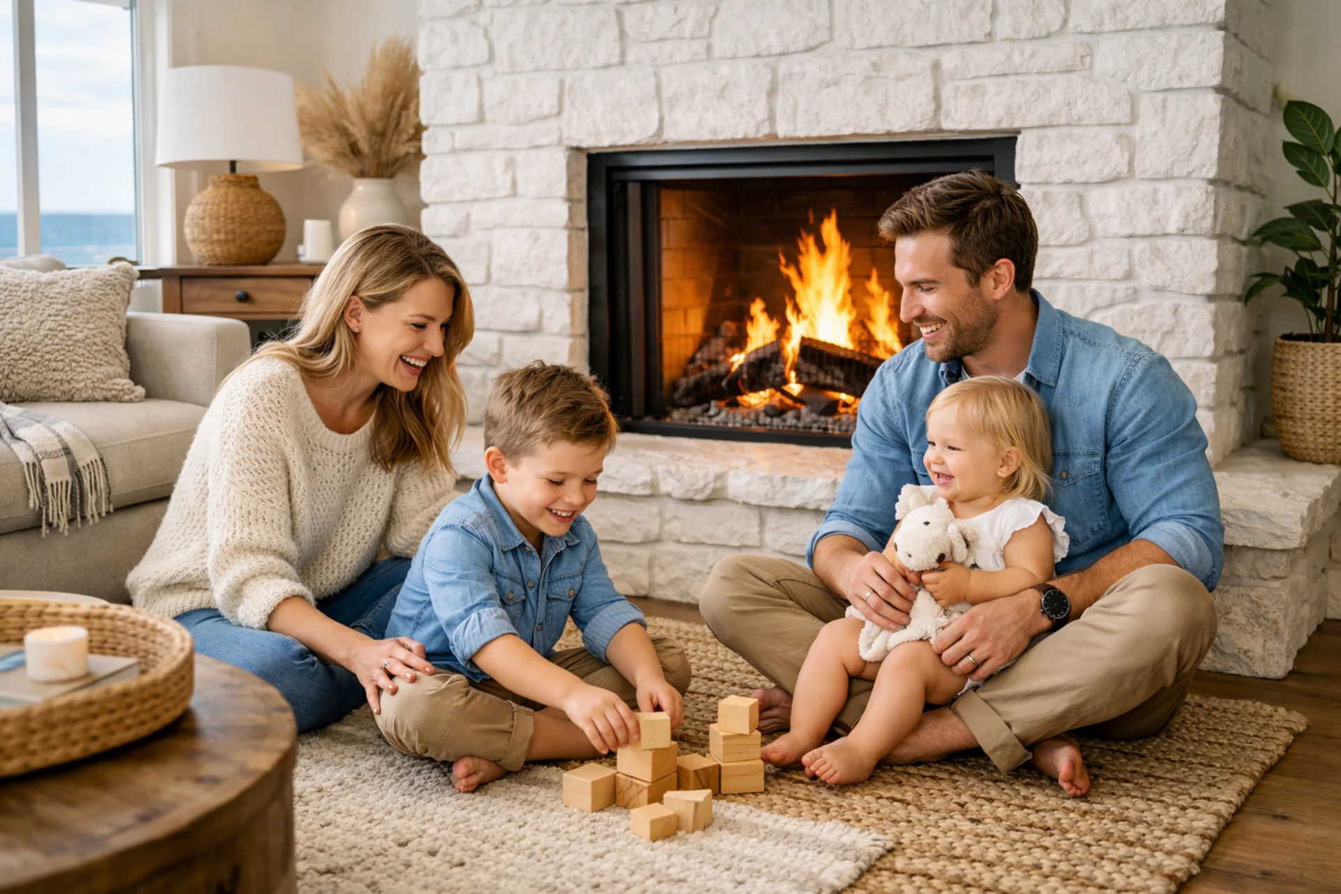 Warm fireplace in a Tahoe living room