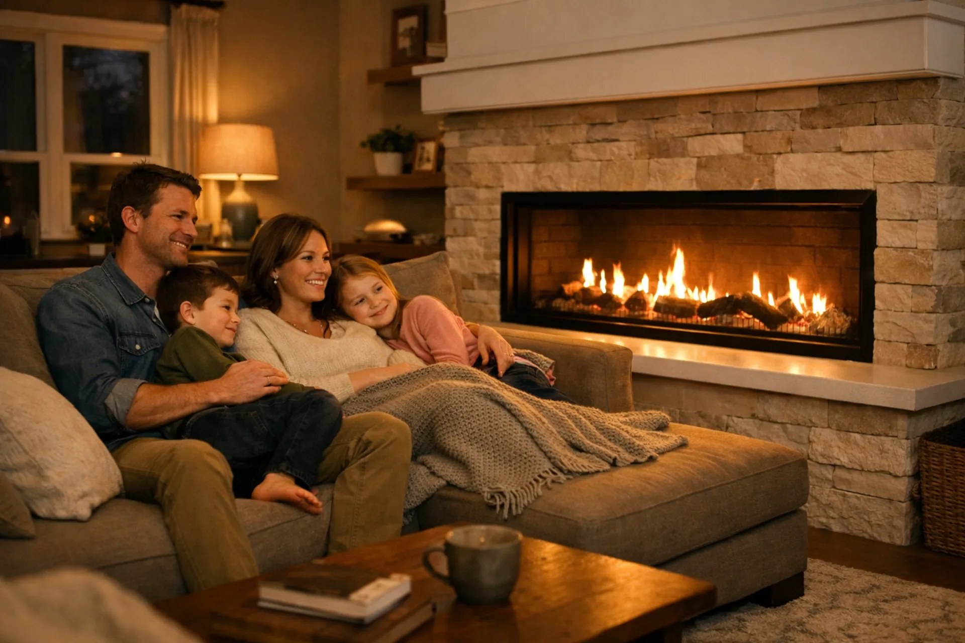 Modern gas fireplace glowing in a Tahoe cabin living room
