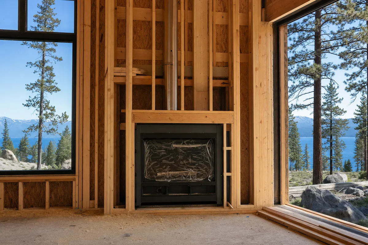 New Tahoe home under construction with the fireplace framed in