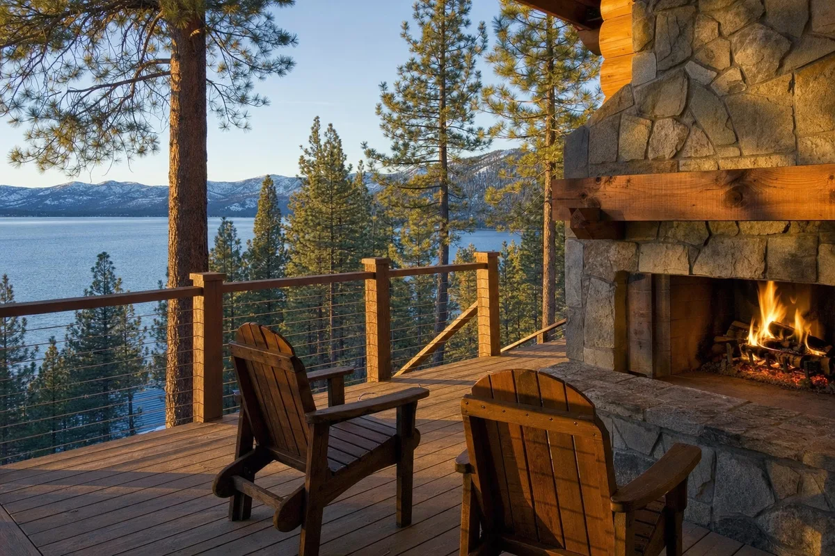 Stone outdoor fireplace on a Tahoe deck above the lake