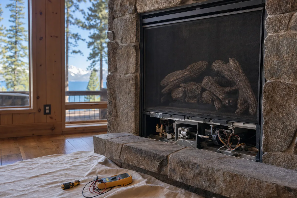 Gas fireplace opened up for service with tools on a drop cloth