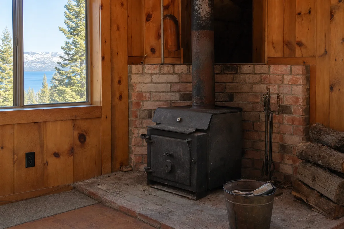 Worn-out wood stove in a Tahoe cabin, ready for an upgrade